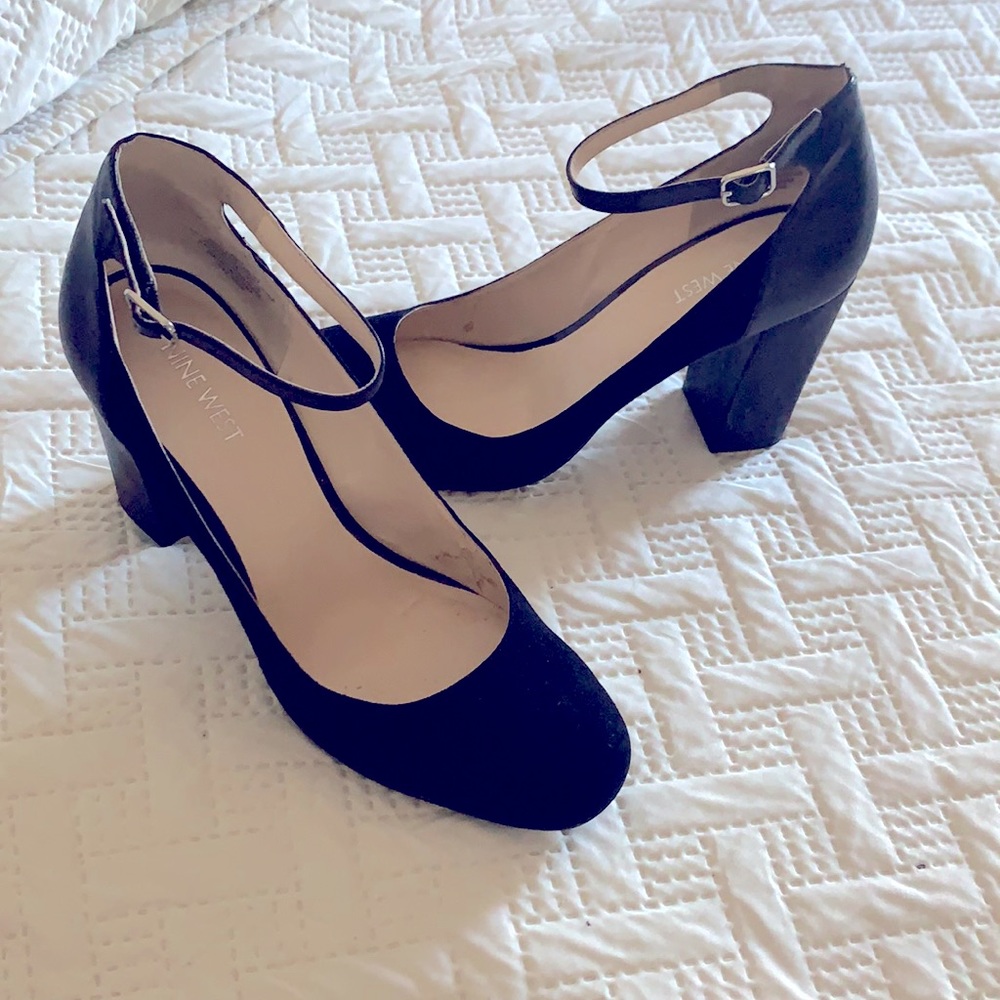 Black suede and leather ankle strap shoe